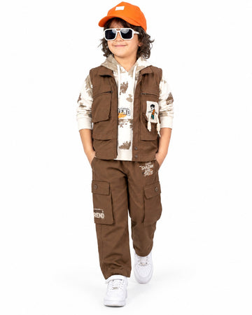 Boys Brown Utility Vest, Printed Hoodie and Cargo Pants Set