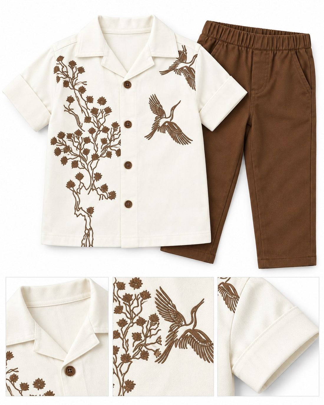 Boys White Bird Embroidered Shirt and Brown Pants Set