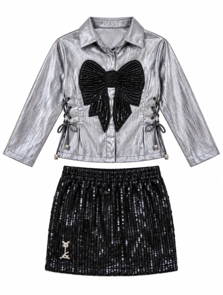 Girls Silver Bow Shirt and Black Sequin Skirt Set