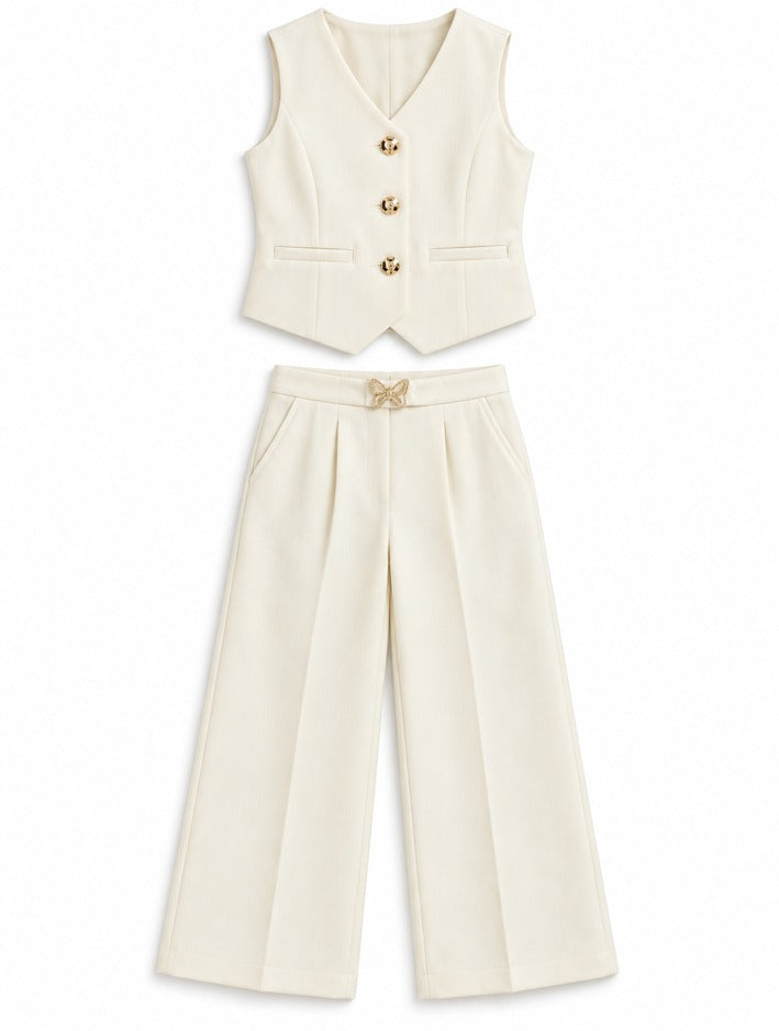 Girls White Waistcoat and Wide-Leg Pants Set