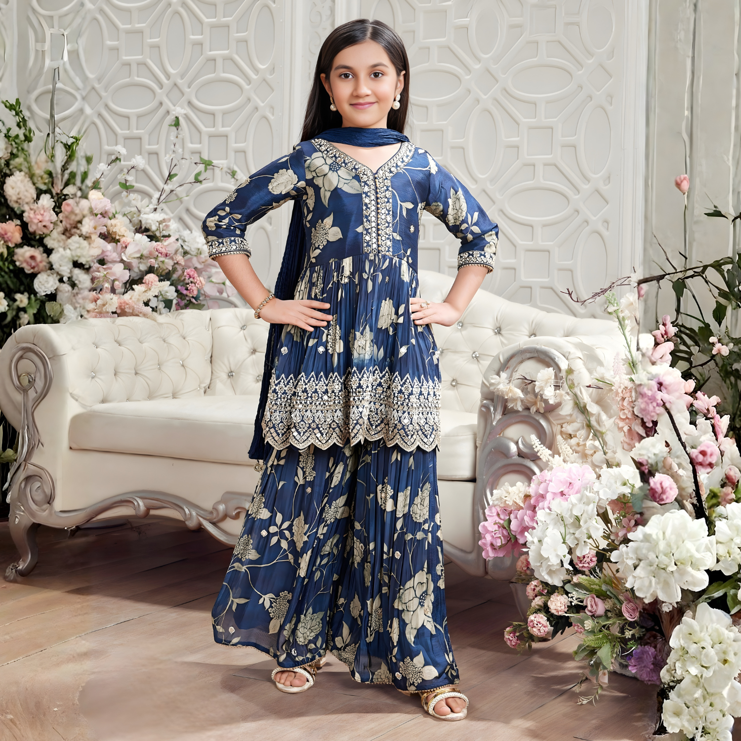 Navy Blue Floral Mirror Work Sharara Set For Girls