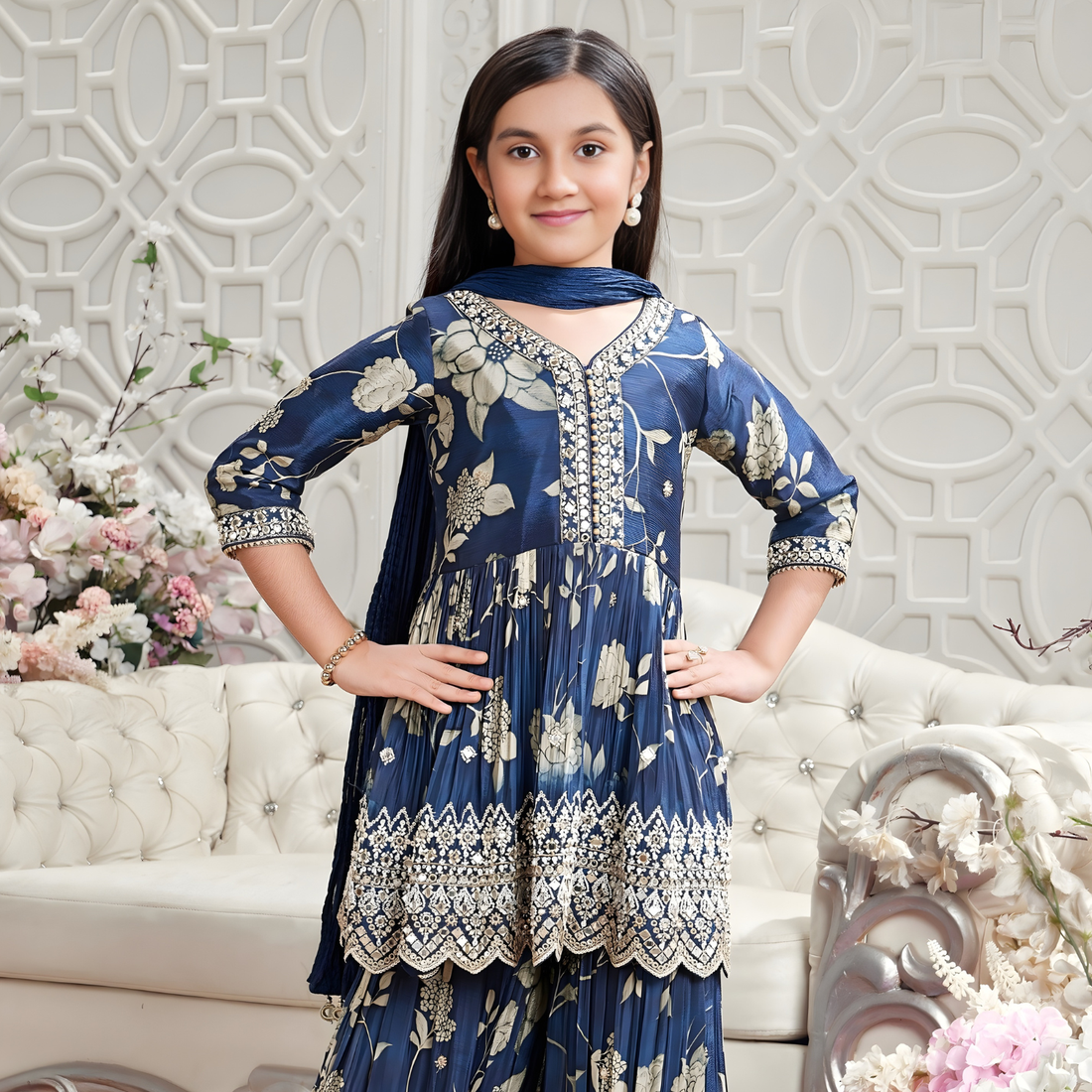 Navy Blue Floral Mirror Work Sharara Set For Girls
