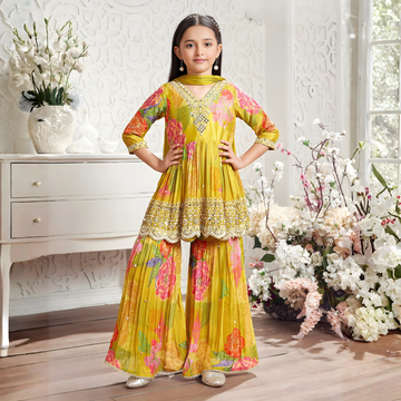 Mustard Floral Mirror Work Sharara Set for Girls
