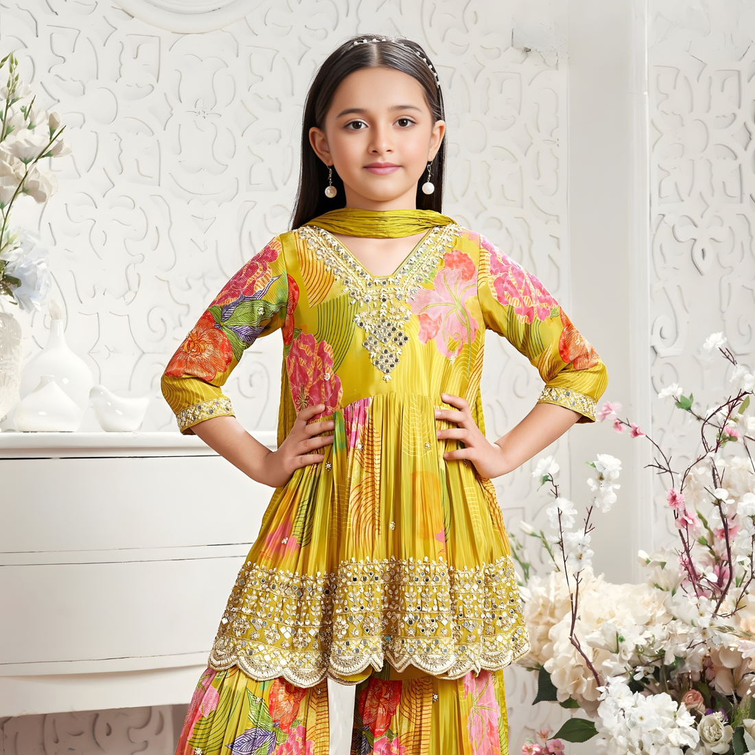 Mustard Floral Mirror Work Sharara Set for Girls