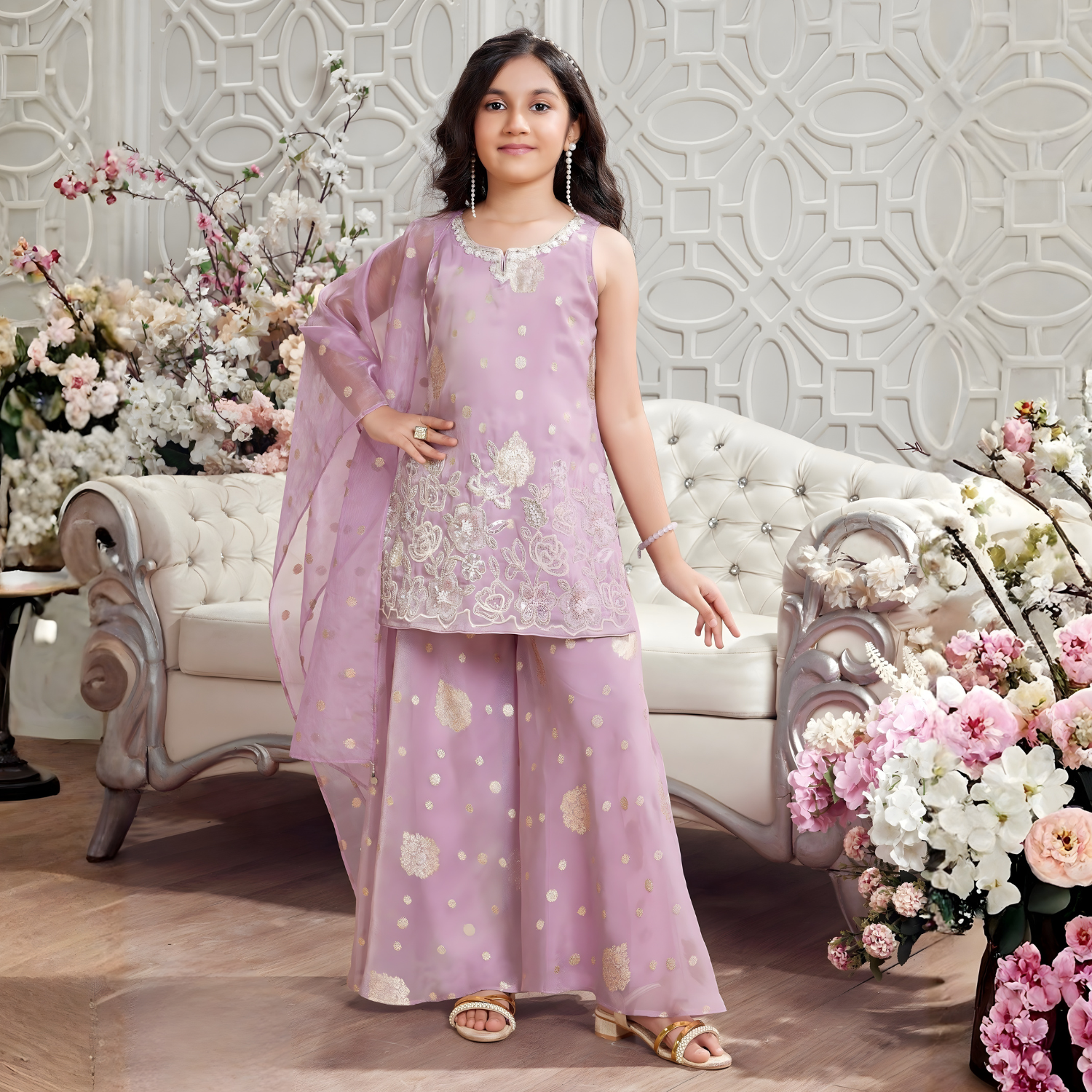 Purple Embroidered Kurta with Palazzo Pants