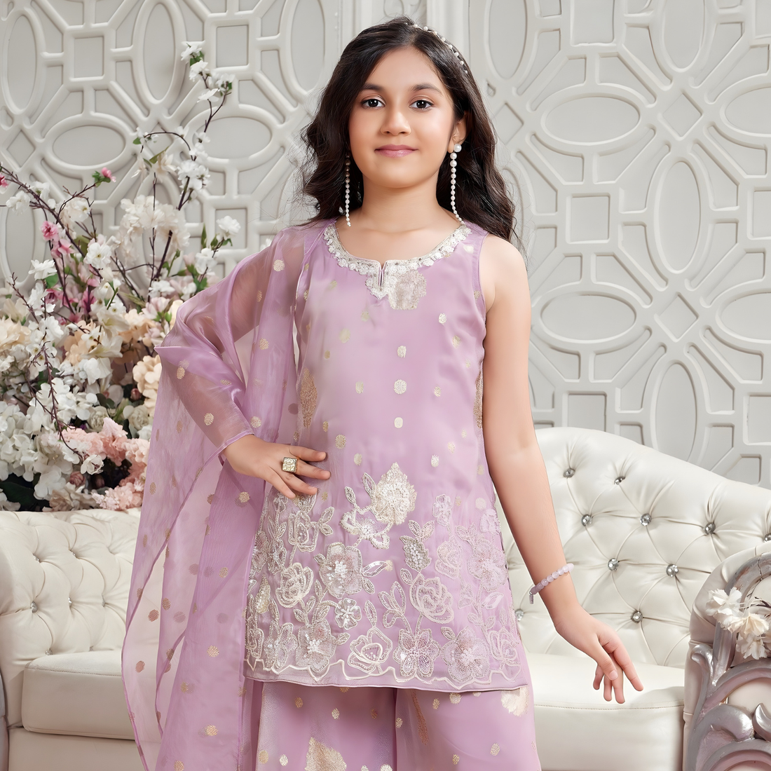 Purple Embroidered Kurta with Palazzo Pants