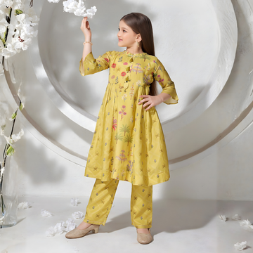 Mustard Floral Printed Festive Gathered Suit Set