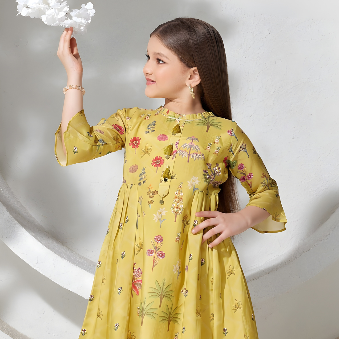 Mustard Floral Printed Festive Gathered Suit Set