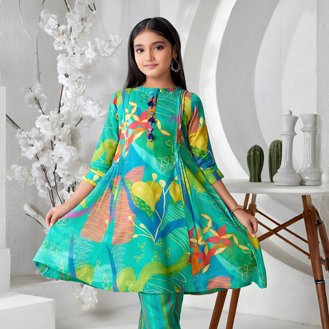 Green Flower Printed Anarkali  Suit Set for Girls