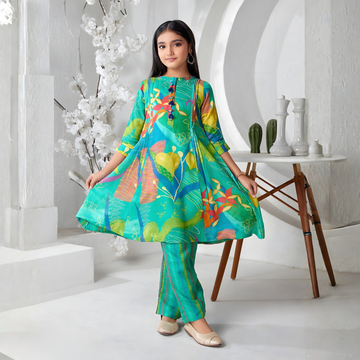 Green Flower Printed Anarkali  Suit Set for Girls