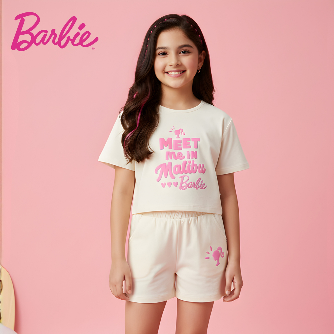 Girls Barbie Printed Top with Shorts Set