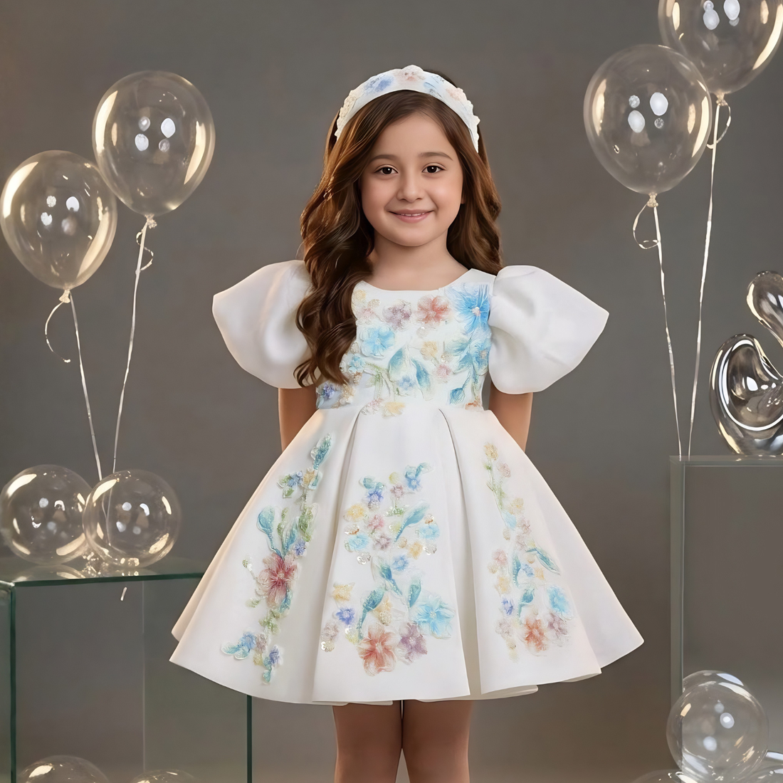 Blue Flower Girl Frock with Puffy Sleeves and 3D Floral Embroidery