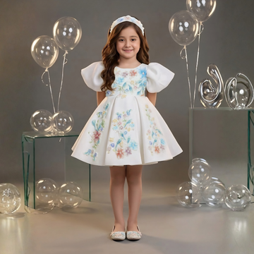 Blue Flower Girl Frock with Puffy Sleeves and 3D Floral Embroidery