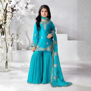 Designer Partywear Look Green Kurti Sharara Set