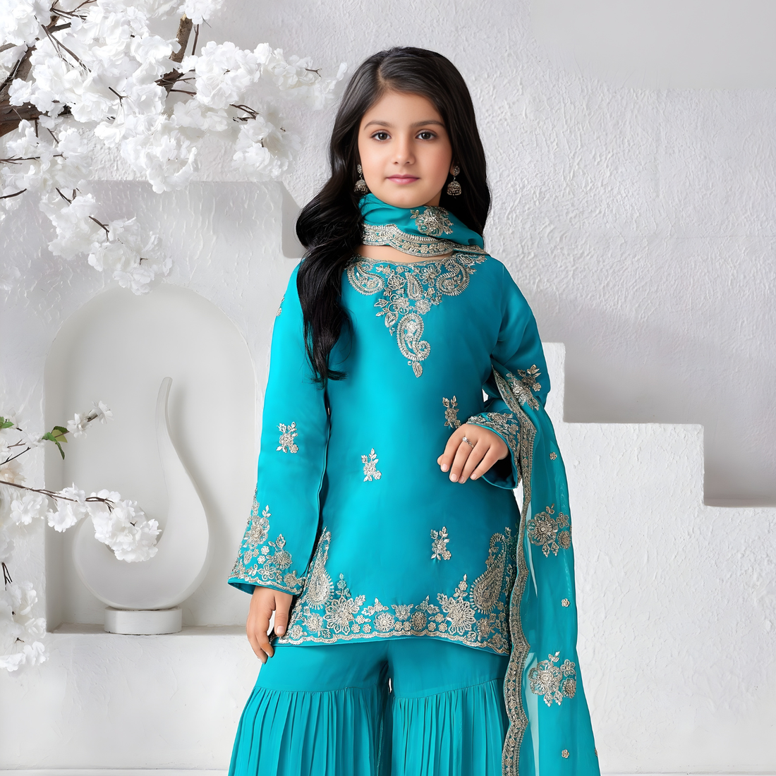 Designer Partywear Look Green Kurti Sharara Set