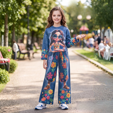 Stylish Blue Printed Co Ord Set For Girls