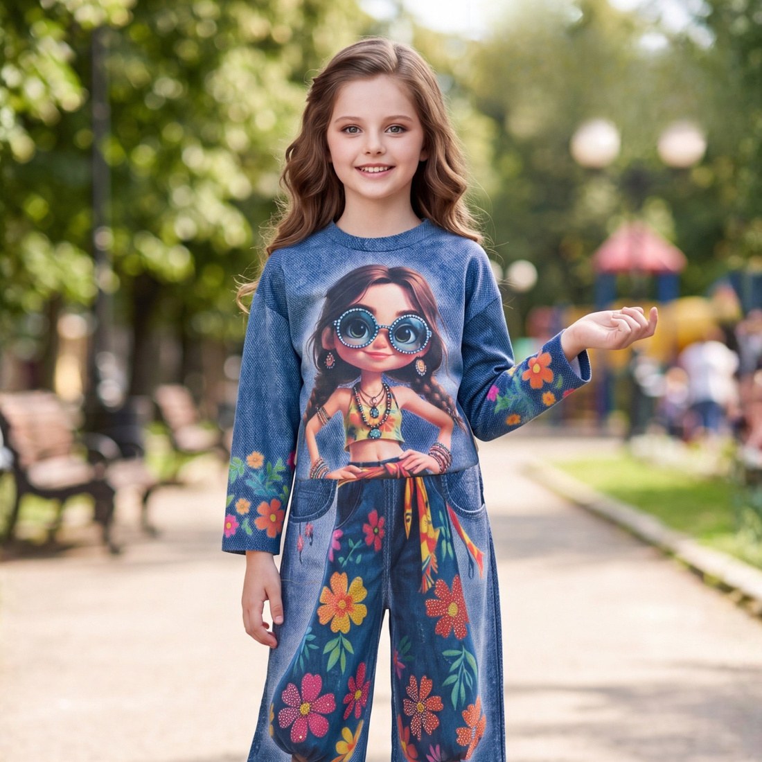 Stylish Blue Printed Co Ord Set For Girls