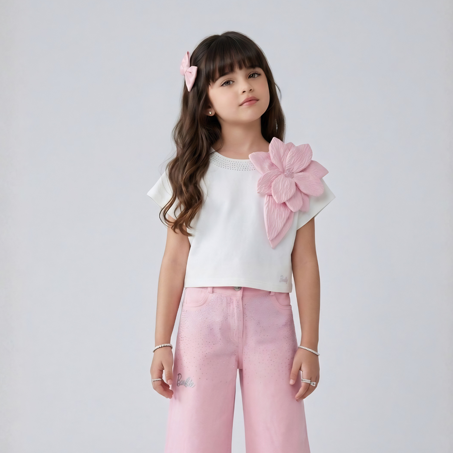 Girls pink and white palazzo set front view