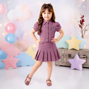 Girls Stylish Shirt Collar Top & Skirt Set