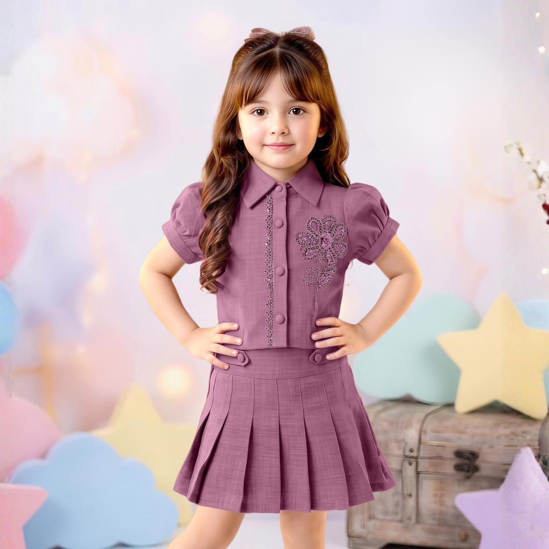 Girls Stylish Shirt Collar Top & Skirt Set