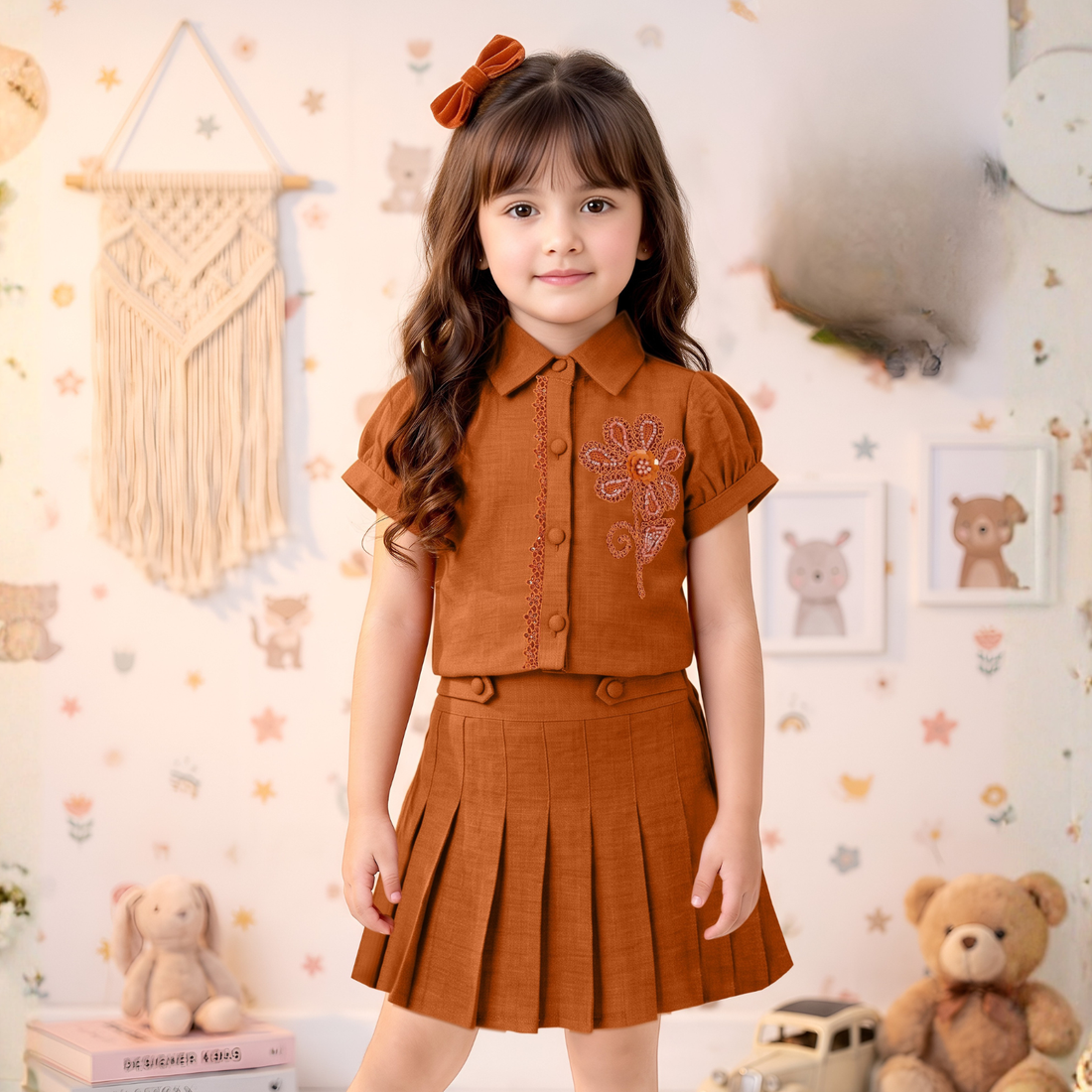 Girls Stylish Shirt Collar Top & Skirt Set