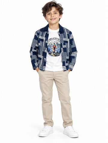 Boys Blue Woven-Check Shirt Jacket with Hiker Graphic T-Shirt