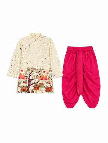 Boys Multi Printed Kurta and Pink Dhoti Set (Shoes Not Included)