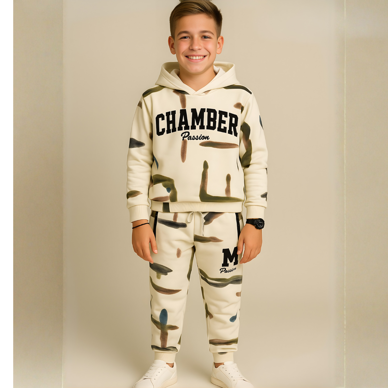Boys Cream Stylish Printed Cord Set