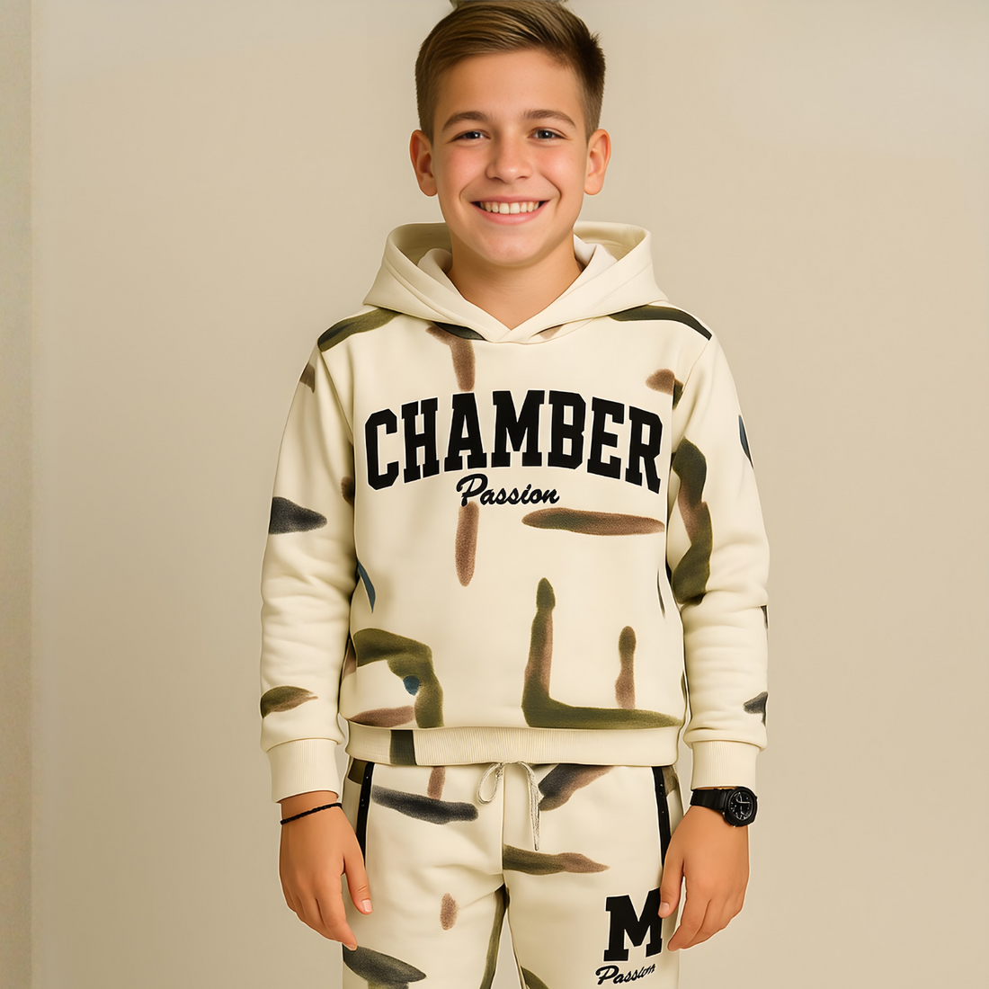 Boys Cream Stylish Printed Cord Set