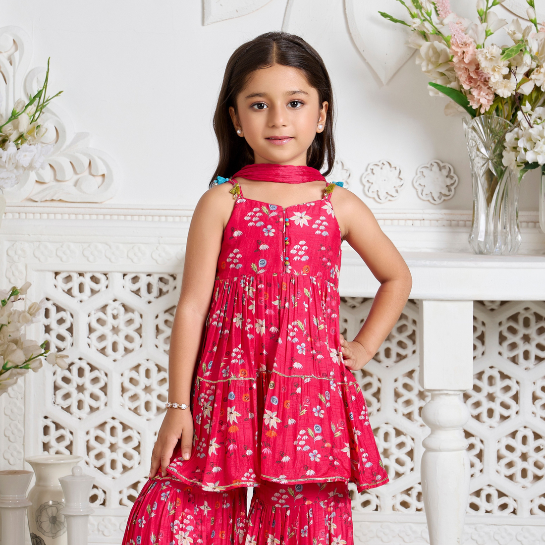 Girls Rani Kurta Sharara Set with Dupatta