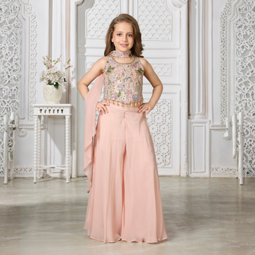 Peach Embroidered Girls Palazzo Set