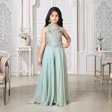 Blue Embroidered Girls Palazzo Set