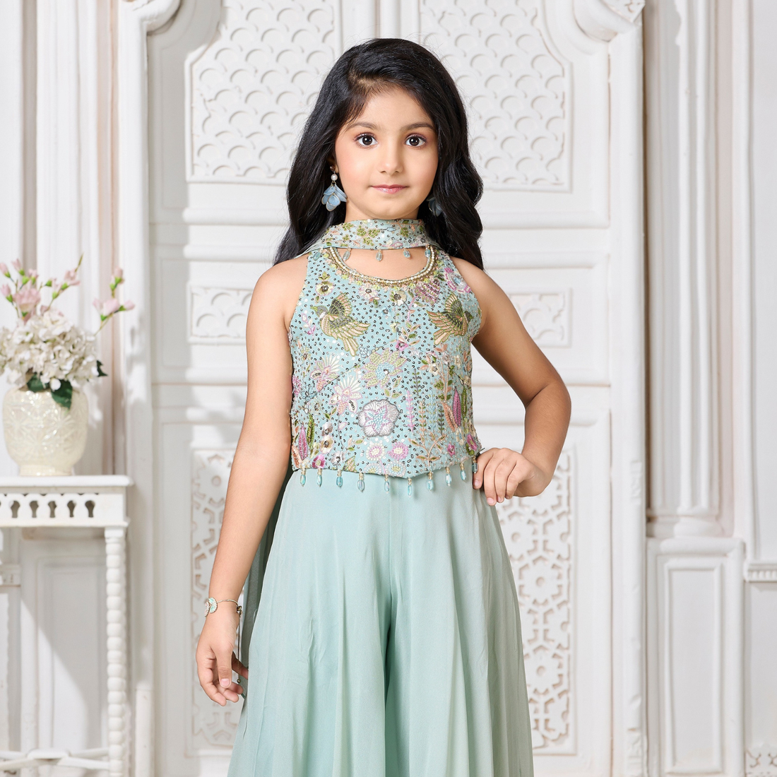 Blue Embroidered Girls Palazzo Set