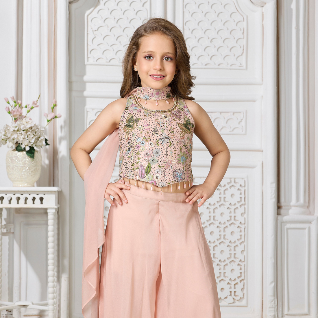 Peach Embroidered Girls Palazzo Set