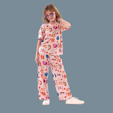 Girls Pink & Printed Night Suit