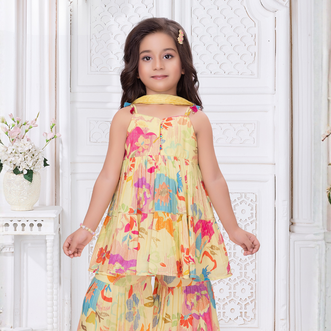 Girls Floral Print Yellow Color Sharara Suit