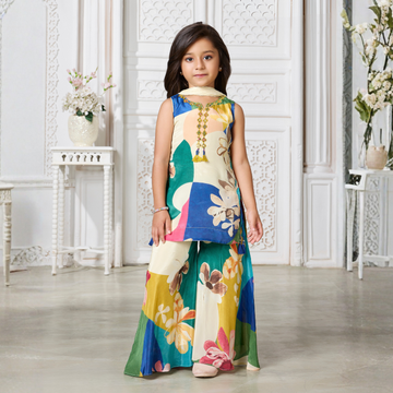 Girls Floral Print Blue Color Sharara Suit