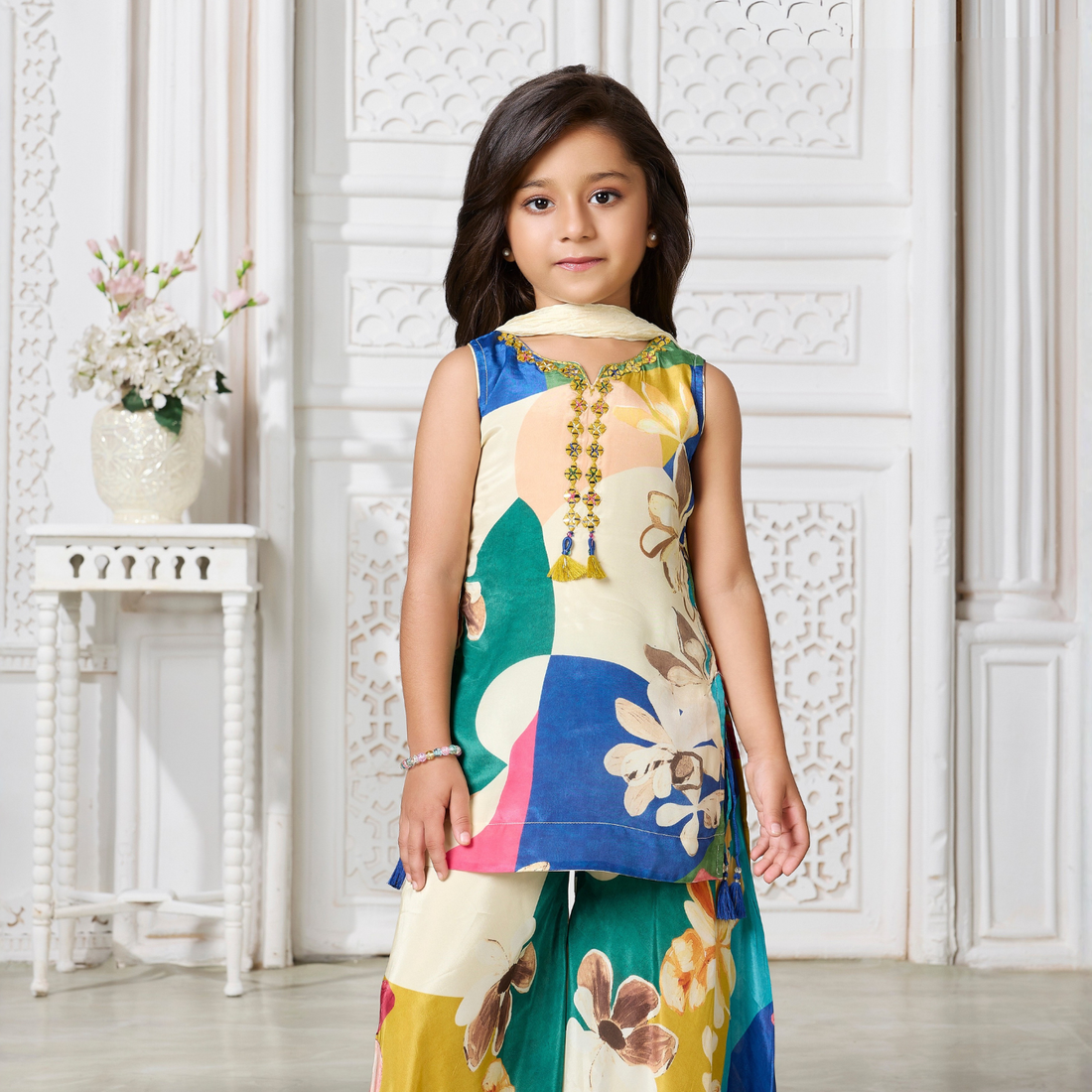 Girls Floral Print Blue Color Sharara Suit