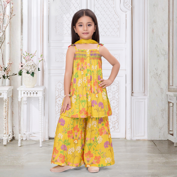 Girls Floral Print Yellow Color Sharara Suit