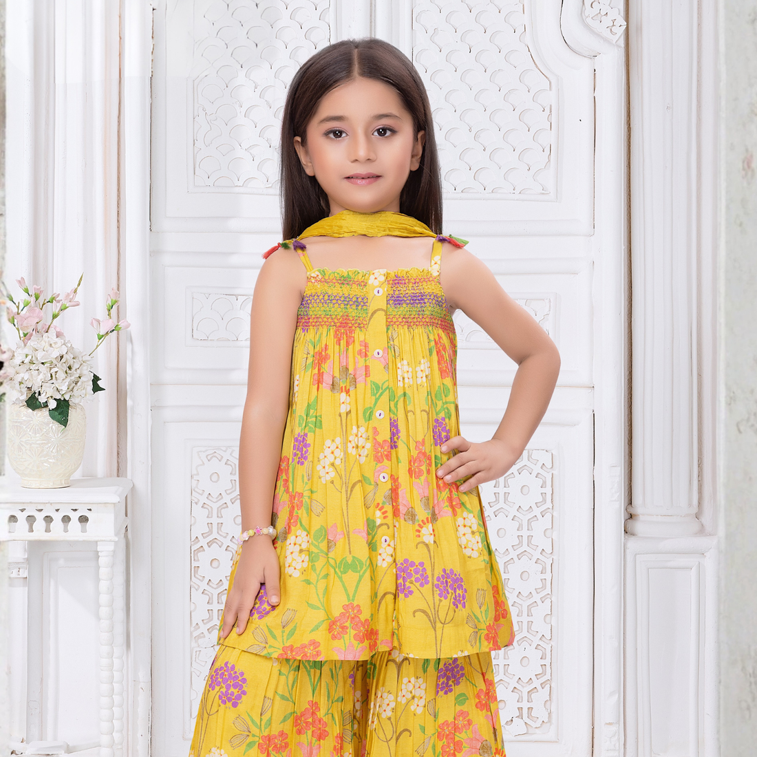Girls Floral Print Yellow Color Sharara Suit