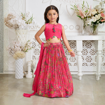 Rani Floral Printed Lehenga Choli Set With Dupatta For Girls