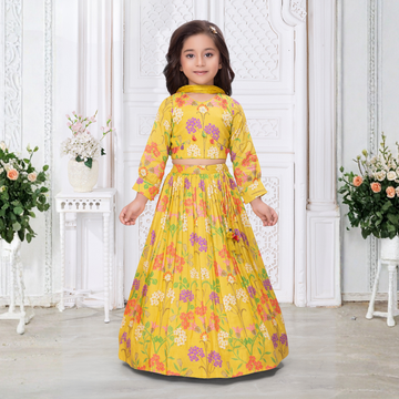 Yellow Floral Printed Lehenga Choli Set With Dupatta For Girls
