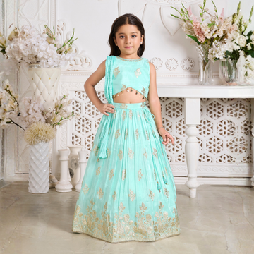 Blue Floral Printed Lehenga Choli Set With Dupatta For Girls
