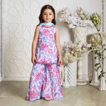 Girls Floral Print Blue Color Sharara Suit