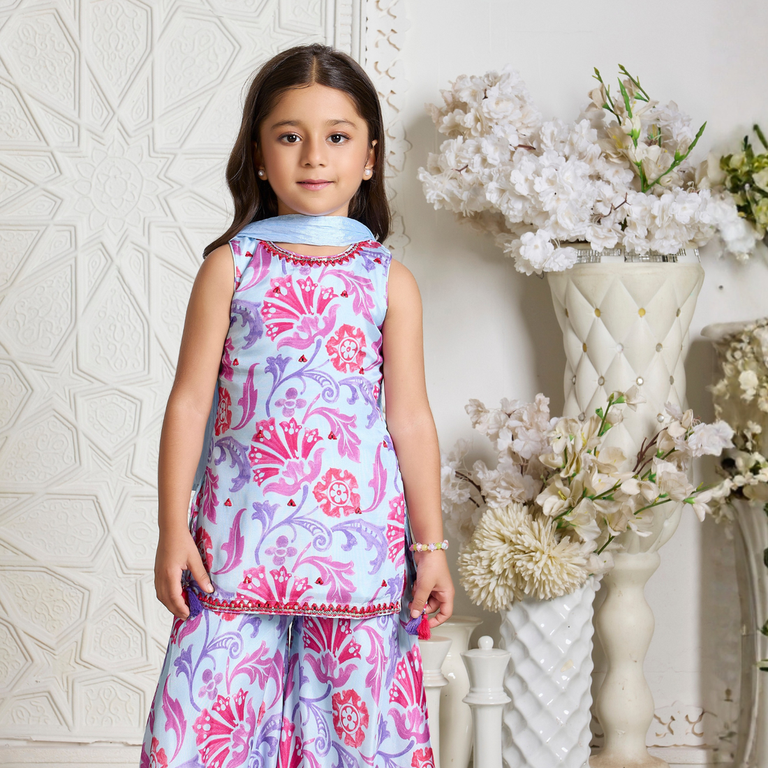 Girls Floral Print Blue Color Sharara Suit