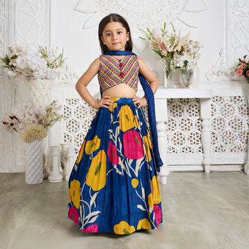 Blue Floral Printed Lehenga Choli Set With Dupatta For Girls