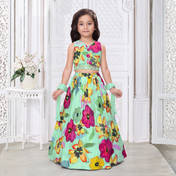 Green Floral Printed Lehenga Choli Set With Dupatta For Girls