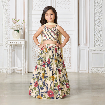 Blue Floral Printed Lehenga Choli Set With Dupatta For Girls