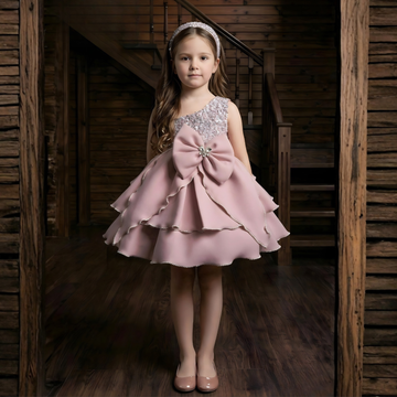 Girls Pink Party Wear Bow Embellished Frock