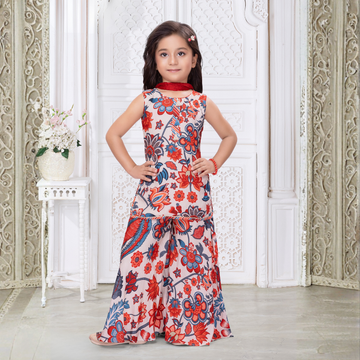 Girls Floral Print Cream Color Sharara Suit